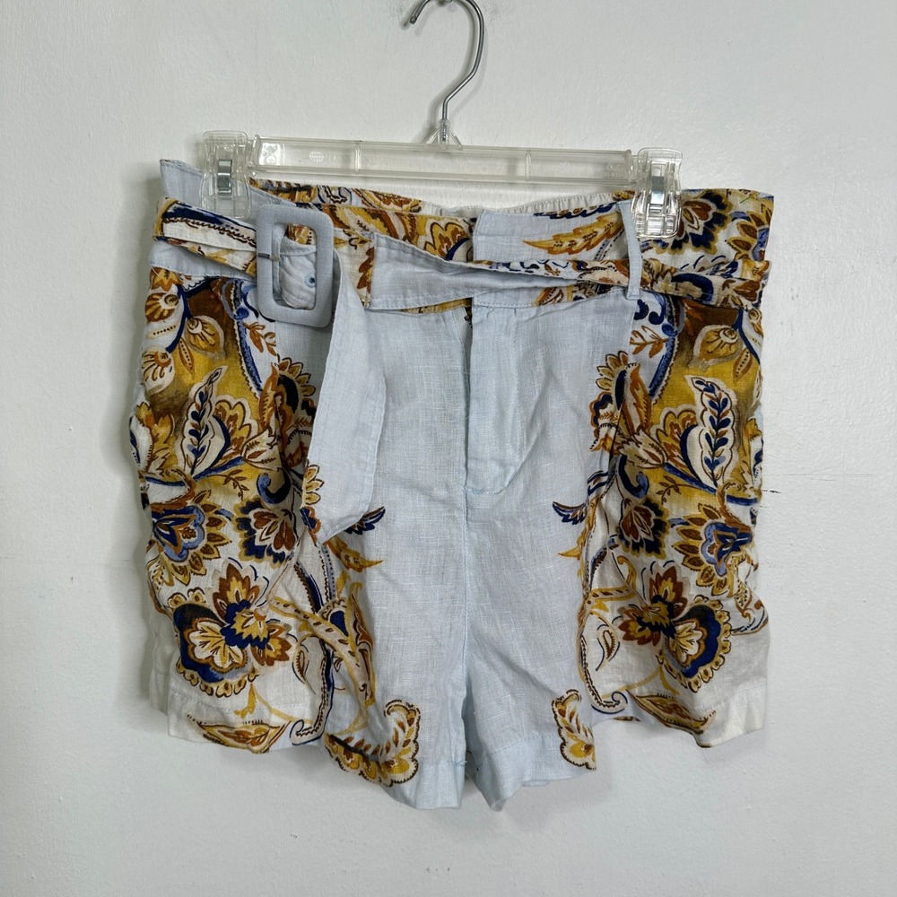 Joie Womens Blue‎ Paisley Floral 100% Linen Belted High Waist Shorts Size Medium